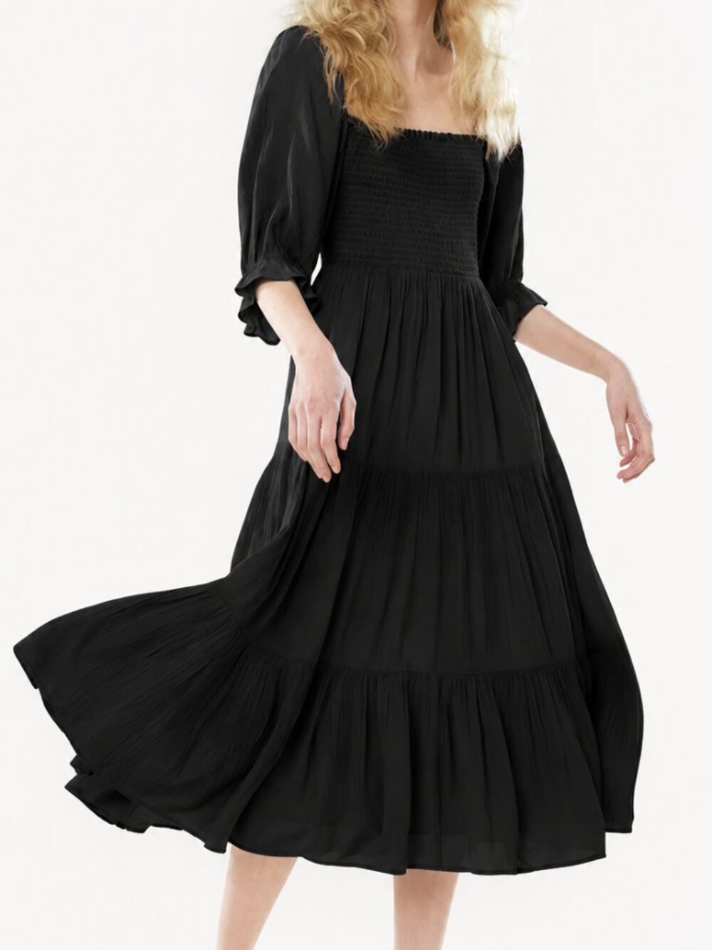 OAK + FORT Smocked Midi Dress Black Large Crinkled Fabric Tiered Skirt Boho Maid